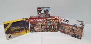 4 PIECE BRAND NEW BOXED MIXED LEGO LOT CONTAINING 1 X LEGO NINJAGO LEGACY - TOURNAMENT OF ELEMENTS ( ITEM # 71735) 1 X LEGO DISNEY STAR WARS - TOUBLE OF TATOOINE ( ITEM # 75299) 1 X LEGO DISNEY STAR WARS - BOBA FETT'S STARSHIP MICROFIGHTER ( ITEM # 753