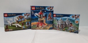 3 PIECE BRAND NEW BOXED LEGO LOT CONTAINING 1 X LEGO HARRY POTTER - ATTACK ON THE BURROW ( ITEM # 75980 )- BOX IS OPEN AND SLIGHTLY DAMAGED 1 X LEGO HARRY POTTER - HAGRID'S HUT BUCKPEAK RESCUE ( ITEM # 75947 ) 1 X HARRY POTTER - BEAUXBATONS CARRIAGE 