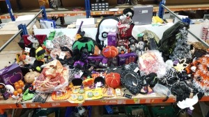 60+ BRAND NEW PREMIER HALLOWEEN MIXED LOT CONTAINING 60CM TABLE TOP TREE WITH PUMPKINS , 1M SPIDERWEB WITH SPIDER WITH 70 LED'S , 52CM SITTING PLUSH FRANKIE , 1M SPOOKY SKULL WITH FLASHING LIGHTS AND SOUND'S , 80CM BO LIT STANDING CLOWN BOY WITH ARMS MOVI