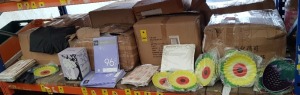 1000 + BRAND NEW MIXED LOT CONTAINING CHRISTMAS CARDBOARD PLATES IN WHITE AND GOLD , HOME AND CO SCHOOL EXERCISE BOOK'S , PLASTIC SUNFLOWER AND GRAPE PLATE'S ETC ON ONE FULL BAY