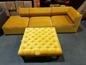 1 X THREE -SEATER SOFA WITH FOOT STOOL IN YELLOW SIZE SIZE L 270 X W 90 X H 73CM FOOTSTOOL SIZE 100 X 100 CM / NOTE EX DISPLAY ITEM'S )