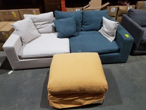 1 X 4 -SEATER SOFA WITH FOOTSTOOL IN CREAM / NAVY BLUE SIZE L 240 X W 120 X H 80 , FOOTSTOOL IN YELLOW SIZE 80 X 70 X 55 CM ( NOTE EX DISPLAY SOME MARKS )