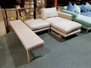 3 X FURNITURE LOT CONTAINING SINGLE SOFA BED IN LIGHT BORWN SIZE L 160 X W 100 X H 50 CM , ONE FOOTSTOOL IN LIGHT BROWN SIZE 80 X 75 X 45 CM , AND ONE DRESSING BENCH IN LIGHT BORWN SIZE L 180 X W 45 X H 45 ( NOTE CUSTOMER RETURNS )