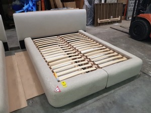 1 X DOUBLE BED FRAME IN LIGHT BROWN WITH BOTH SIDE STORAGE DRAWERS IN MATTRESS SIZE L 200X W 150 WITH NO MATCHING HEAD BOARD