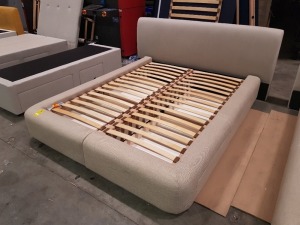 1 X DOUBLE BED FRAME IN LIGHT BROWN WITH BOTH SIDE STORAGE DRAWERS IN MATTRESS SIZE L 200X W 150 WITH NO MATCHING HEAD BOARD