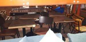 4 X WOODEN SQUARE WOODEN TABLES ( H 77 CM X 60 X 60 CM ) AND 7 X LEATHER LOOK PADDED CHAIRS ( SOME SCUFFS ON CHAIRS )