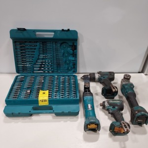 5 PIECE MIXED MAKITA LOT CPONTAINING 1 X MAKITA DTM50 MULTI-TOOL / 1 X MAKITA ANGLE GRINDER ( MODEL UNKNOWN ) / 1 X MAKITA IMPACT DRIVER ( MODEL UNKNOWN ) / 1 X MAKITA DRILL ( DHP458 ) 1 X MAKITA 256 PIECE DRILL AND SCREWDRIVER SET ( INCOMPLETE - COUPLE B