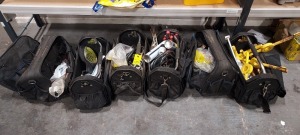 6 X VARIOUS TOOLBAGS WITH VARIOUS HAND TOOLS TO INCLUDE PLIERS / HAMMERS / SNIPS / SCREWDRIVERS / DRILL BITS / LINE MARKER PAINT / OPTICAL POWER METER / MOTOROLA TLKR T3 TWO WAY RADIOS / HONEYWELL BW ICON + / KNEE PADS / HACK SAW ETC - IN 5 BAGS