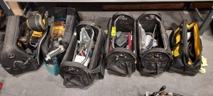 5 X VARIOUS TOOLBAGS WITH VARIOUS HAND TOOLS TO INCLUDE MARTINDALE SOCKET TESTER / FRENCH GRIPS / SCREWDRIVERS / PLIERS/ MEASURING TAPES / DRAPER 28 MM PIPE CUTTER / FILES / DEWALT BELT BAG / OPTICAL POWER METER/ ERBAUER DRILL BITS / ETC - IN 5 BAGS