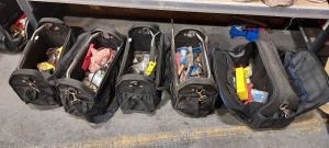 5 X VARIOUS TOOLBAGS WITH VARIOUS HAND TOOLS TO INCLUDE RATCHETS AND VARIOUS LOOSE SOCKETS / HAMMERS / SCREWDRIVERS / ENTENSION BARS / JUMP LEADS / ZIP TIES / CHISELS/ ELECTRIC SOCKET TESTERS / ROUND FILES / DROP CABLE TESTER / ELECTRICAL TAPE / ETC - IN