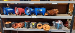 12 PIECE MIXED LOT CONTAINING 3 X MILLS AIR VENTILATION FAN ( CTF-20 ) 200 MM DIAMETER - 110V 1 X EXPOLSION PROOF FAN ( CTF2-2) 200 MM DIAM - 115V 3 X BRAND NEW MOPHORN PVC FLEXIBLE DUCTING 4 X USED MOPHORN PVC FLEXIBLE DUCTING - ON 2 SHELFS