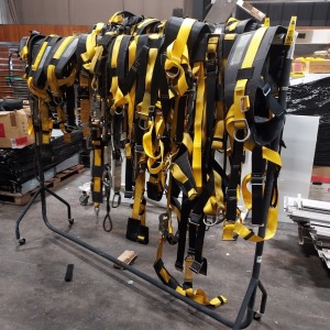 11 X 4 POINT FULL BODY FALL PROTECTION HARNESSES WITH RIDGEAR ENERGY ABSORBING LANYARDS ( PLEASE NOTE THESE ARE USED )