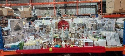 FULL BAY OF MIXED PREMIER CHRISTMAS LOT CONTAINING 36CM CANDLEBRIDGES , CHRISTMAS TREE ORNAMENTS , WOODEN CHRISTMAS TRAIN CALENDAR , EAT DRINK AND BE MERRY MILK JUG AND SUGAR BOWL SET'S , BATTERY OPERATED LED CANDLE'S , OLLIE OWL SUGAR AND CREAMER SET'S