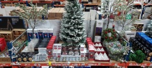 FULL BAY OF MIXED PREMIER CHRISTMAS LOT CONTAINING 5FT FROSTED CHRISTMAS TREE , 46CM DANCING WINDOW CLING SANTA , 80CM FIBRE OPTIC TREE , FLASHING LED TEA LIGHT SCENE'S , PAINTED GLASS OPEN BALL LIGHTS , 28CM LIT WHITEBOARD'S WITH 10 LED'S , FROSTS 2 JAPE