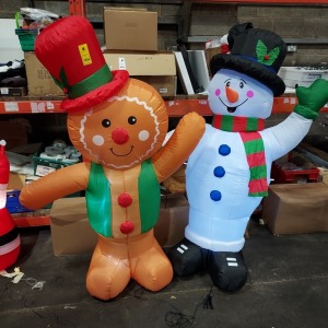 2 X MIXED CHRISTMAS DECORATION INFLATABLE'S , ONE GINGERBREAD MAN WITH LED LIGHT AND ONE SNOWMAN WITH LED LIGHT ( NOTE IMPERFECT WORKING CONDITION )