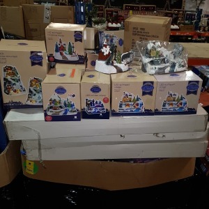 1 X MIXED CHRISTMAS PALLET LOT CONTAINING LED SNOW MOUNTAIN SCENE , LED WINTER SCENE , 4M MICROBRIGHTS PYRAMID TREE'S , 1000 TIMELIGHTS 100M LIT LENGTH IN WHITE , 1000 LED SUPABRIGHTS 80M LIT LENGTH ETC IN ONE LARGE PALLET BOX ( NOTE ALL CUSTOMER RETURNS