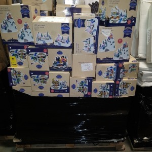 1 X MIXED CHRISTMAS PALLET LOT CONTAINING LED ANIMATED SNOWY MOUNTAIN 29CM IN HEIGHT AND LED ANIMATED WINTER SCENE 28CM IN WIDTH , ETC IN ONE LARGE PALLET BOX ( NOTE ALL CUSTOMER RETURNS)