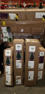 1 X MIXED CHRISTMAS PALLET LOT CONTAINING 1.8M FIBRE OPTIC TREE'S , 1.5M FIBRE OPTIC TREE'S, GRANDVIEW FIR 7FT TREE , CHRISTMAS DOOR SET PRE LIT TREES WREATH GARLAND ETC ON A PALLET ( NOTE ALL CUSTOMER RETURNS)