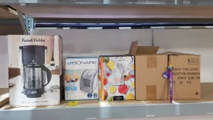 3 PC MIXED ELECTRICAL LOT IE. RUSSELL HOBBS 10 CUP COFFEE MAKER, BINAIRE 1.8KW HEATER & SMOOTHIE BLENDER PLUS 144 X GOOD LUCK IRELAND DONKEY GLOBE PENS - IN 4 BOXES