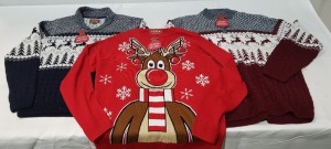 18 X BRAND NEW MIXED MERRY CHRISTMAS JUMPERS IN VARIOUS STYLES I.E REINDEER IN BLUE AND RED AND RUDOLPH IN RED IN VARIOUS SIZES IN 2 TRAYS