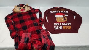 15 X BRAND NEW MIXED MERRY CHRISTMAS JUMPERS IN VARIOUS STYLES I.E CHRISTMAS PINT JUMPERS - LOUNGEABLE REINDEER ONESIE ALL INN VARIOUS SIZES