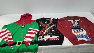 15 X BRAND NEW MIXED MERRY CHRISTMAS JUMPERS IN VARIOUS STYLES I.E RUDE SANTA PULL OVER JUMPER - ELF HOODIES - RUDOLPH ROCKS JUMPER ETC ALL IN VARIOUS SIZES