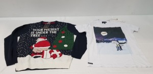 26 X BRAND NEW MIXED CHRISTMAS CLOTHING LOT TO INCLUDE 18 X THREADBARE AMAZED PENGUINS T-SHIRTS - 8 X SEASONS GREETINGS CHRISTMAS PARCEL JUMPERS ALL IN VARIOUS SIZES