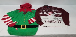 15 X BRAND NEW MIXED CHRISTMAS JUMPER LOT TO INCLUDE 6 X BUDDY ELF KNITTED HOODED JUMPERS - 9 X IM SEXY AND I SNOW IT JUMPERS ALL IN VARIOUS SIZES