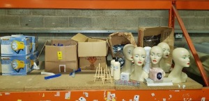 500 + PIECE MIXED LOT TO INCLUDE MANNEQUIN HEADS - LATEX RUBBER MILK - 500 X SHELF BRACKETS- 4X CORDLESS SPOTLIGHTS - GRIMAS MAKEUP ETC