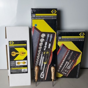 42 PIECE BRAND NEW MIXED TOOL LOT CONTAINING 2 X BRAND NEW C.K 22 PIECE SURE DRIVE PROFFESIONAL SOCKET SET 1/2 INCH DRIVE / 1 X BRAND NEW C.K 23 PIECE SURE DRIVE PROFESSIONAL SOCKET SET 3/8 INCH / 3 X BRAND NEW C.K DUAL HEAD SUCTION LIFTER / AND 37 X WO