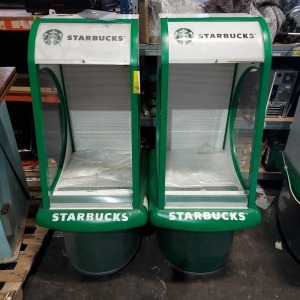 2 X STARBUCKS REFRIGERATED PRODUCT DISPLAY UNIT - 3 SHELF STORAGE SPACE - BUILT IN LIGHT - PULL UP FRONT COVER - ON WHEELS (H 143 X W 60 X D 70 CM )