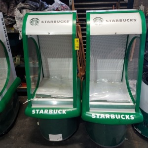 2 X STARBUCKS REFRIGERATED PRODUCT DISPLAY UNIT - 3 SHELF STORAGE SPACE - BUILT IN LIGHT - PULL UP FRONT COVER - ON WHEELS (H 143 X W 60 X D 70 CM )