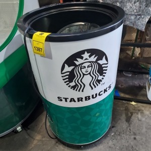 1 X STARBUCKS REFRIGERATED ROUND CAN SHAPE FRIDGE - GLASS TOP - (PS-40 ) - ( PLEASE NOTE SOME SCRUFFS AND SCRATCHES ALL OVER