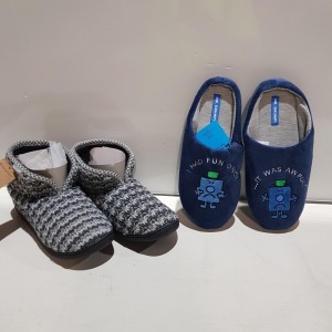 40 X BRAND NEW MIXED SLIPPERS LOT TO INCLUDE DUNLOP MULTI GREY SLIPPERS - MR GRUMP NAVY SLIPPERS ALL IN VARIOUS SIZES