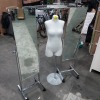 3 X MIXED LOT CONTAINING TWO STANDING MIRRORS AND ONE STANDING METAL BASE FEMALE TORSO MANNEQUIN