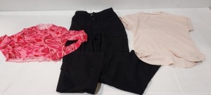 50 X BRAND NEW MIXED SHEIN CLOTHING LOT CONTAINING PUFF BLACK COAT INN SIZE M , LONG PINK DRESS SIZE XL , MULTI-COLOURED TOP SIZE M , BLACK JOGGING BOTTOMS IN SIZE XXL , BLACK THE MOODYGRIL TOP SIZE SMALL , ETC IN ONE LARG CRATE