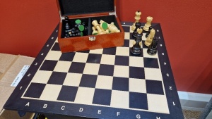 WOODEN CHESS BOARD WITH WOODEN PIECES, PIECES CONTAINED IN A WOODEN BOX