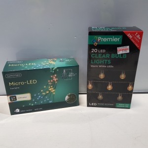 18 X BRAND NEW MIXED CHRISTMAS LIGHTS LOT CONTAINING 9 LUMINEO MICRO-LED TREE LIGHTS IN MULTI COLOUR IN SIZE 2.4M WITH 832 LED'S , 9 PREMIER 20 LED CLEAR BULB LIGHTS IN WARM WHITE LED'S CAN BE USED INDOOR OR OUTDOOR SIZE 5M WITH 1.9M LIT.