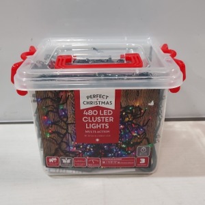 24 X BRAND NEW PERFECT CHRISTMAS 480 LED CLUSTER LIGHTS MULTI ACTION IN MULTI COLOURED LED IN 2 BOXES.