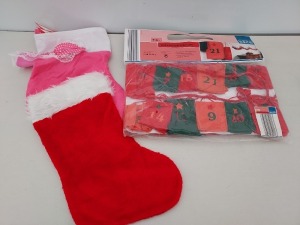 172 X MIXED CHRISTMAS LOT CONTAINING 70 GIRLS CHRISTMAS STOCKINGS IN PINK, 72 RED CHRISTMAS STOCKINGS & 30 CHRISTMAS ADVENT CALENDER BANNERS IN 3 BAGS.