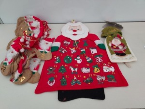 107 X MIXED CHRISTMAS LOT CONTAINING 40 HANGING SANTA ADVENT CALDENDER, 25 HANGING SANTA DECORATION & 42 FABRIC CHRISTMAS BAGS.