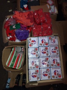 LARGE AMOUNT OF MIXED CHRISTMAS LOT CONTAINING, MERRY CHRISTMAS TINS, PAPER TRAYS IN CHRISTMAS DESIGN, HANGING ADVENT CALENDERS, PURPLE CHRISTMAS STOCKINGS ETC IN 4 BOXES.