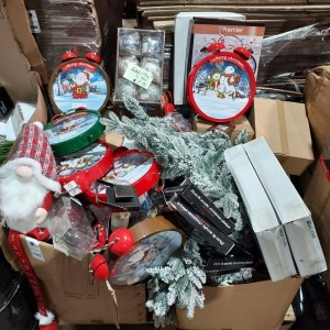 LARGE AMOUNT OF MIXED CHRISTMAS ITEMS, LOT CONTAINING SNOW GLOBE ALARM CLOCK, 21CM LIT ACRYLIC CHRISTMAS PLAQUE, VARIOUS BAUBLES, LED WINDOW SUCKER, DECORATIVE ADVENT CALENDAR GONK, LIGHT UP LED LANTERNS, SNOW EFFECT GARLAND ETC ON A FULL PALLET (NOTE CUS