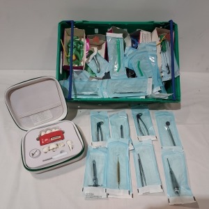 TRAY OF MIXED DENTISTRY PRODUCTS TO INC - STAINLESS STEEL UTENSILS, STRAUMANN, TEETH MOULDS ETC