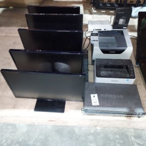 MIXED I.T LOT TO INC - 5 X 23 SAMSUNG MONITORS, 2 X PRINTERS, 2 X SWITCH BOXES ETC