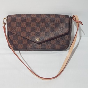 1 X SMALL BROWN PURSE WITH WRIST STRAP, LOUIS VUITTON BRANDED (B)