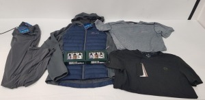 6 X MIXED CLOTHING LOT TO INCLUDE 1 X BERGHAUS BRANDED COAT SIZE M (HAS SECURITY TAG), 1 X UNDER ARMOUR TSHIRT SIZE M, 1 X BERGHAUS BRANDED PANTS SIZE W30 L32 (WITH SECURITY TAG), 1 X BERGHAUS TSHIRT SIZE M, 2 X TED BAKER PASHION SCENT DISCOVERY SETS (P)