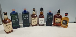 8 X BRAND NEW MIXED ALCOHOL LOT CONTAINING 3 HAIG CLUB HAIG EST 1627 CLUBMAN 40% 2 SIZE 1L AND 1 SIZE 700ML , 2 JACK DANIELS TENNESSEE HONEY 35%VOL SIZE 70CL , 1 STOCK 84 WHISKY 38%VOL SIZE 0.7L , WHYTE MACKAY BLENDED SCOTCH WHISKY 40% VOL SIZE 35CL , 