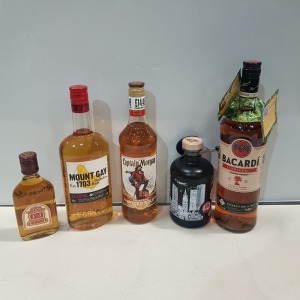 11 X BRAND NEW MIXED ALCOHOL LOT CONTAINING 5 CAPTAIN MORGAN ORIGINAL SPICED GOLD 35%VOL 4 SIZE 1L AND ONE SIZE 700ML , 3 BACARDI SPICED SPIRIT DRINK RUM WITH SPICES 35%VOL SIZE 1L , 1 MOUNT GAY EST 1703 BARBADOS RUM 40%VOL SIZE 700ML , RAINY CITY MANCH