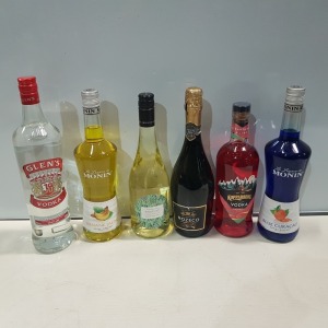 16 X BRAND NEW MIXED ALCOHOL LOT CONTAINING GLEN'S VODKA TRIPLE DISTILLED VODKA 37.5% SIZE 1L , 4 APOTHIC RED WINEMAKER'S BLEND 13.5%VOL SIZE 750ML , FINE SPARKLING NOZECO SUITABLE FOR VEGANS ALCOHOL FREE WINE SIZE 75CL , MONIN BLUE CURACAO 20%VOL SIZE 70